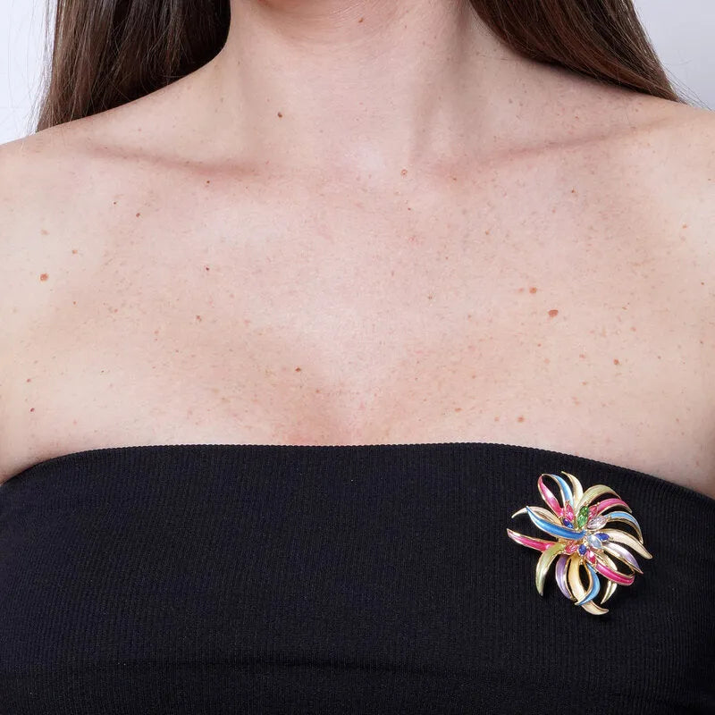 Spilla in Metallo magnetica petali multicolor e cristalli centrali