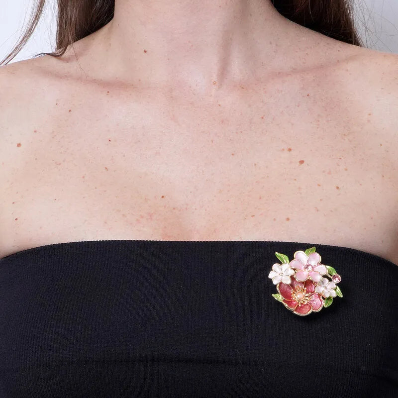 Spilla in Metallo magnetica  foglie e fiori smaltati rosa
