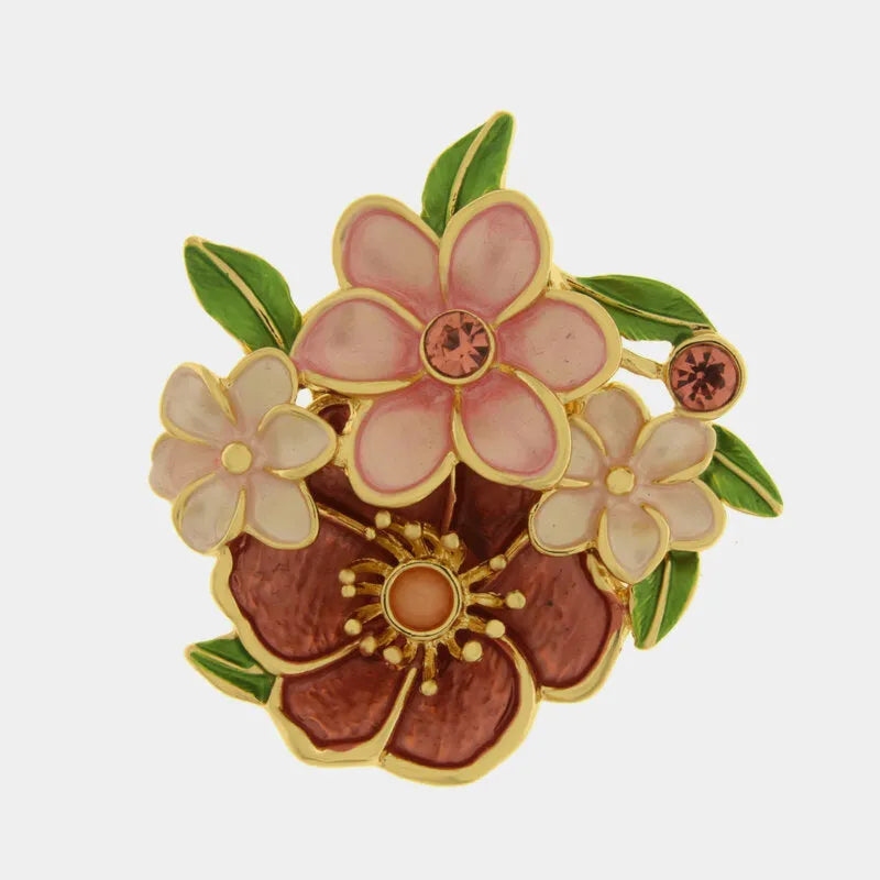 Spilla in Metallo magnetica  foglie e fiori smaltati rosa
