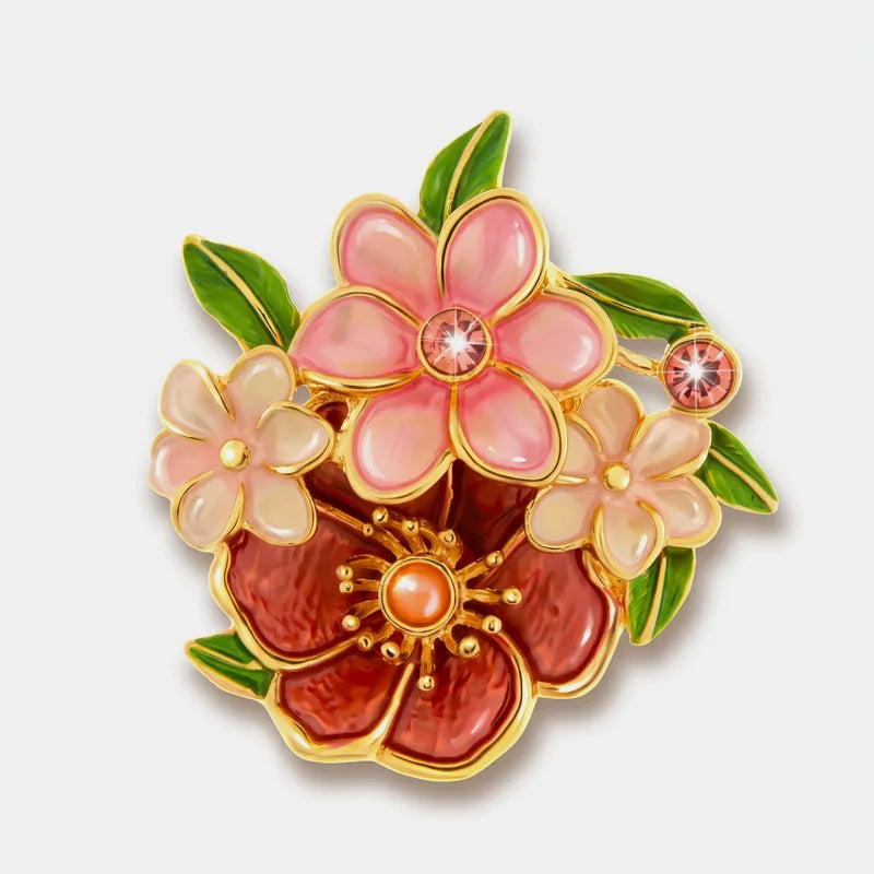 Spilla in Metallo magnetica  foglie e fiori smaltati rosa