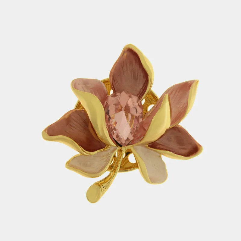 Spilla in Metallo magnetica fiore smaltato rosa e cristallo centrale
