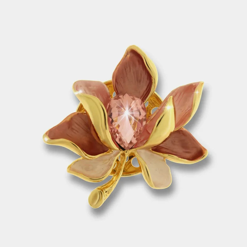 Spilla in Metallo magnetica fiore smaltato rosa e cristallo centrale
