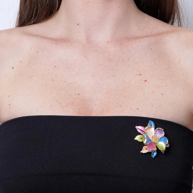 Spilla in Metallo magnetica fiore e foglie smaltate multicolore