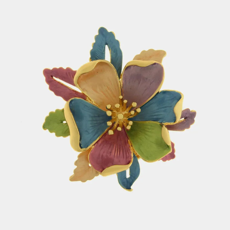 Spilla in Metallo magnetica fiore e foglie smaltate multicolore