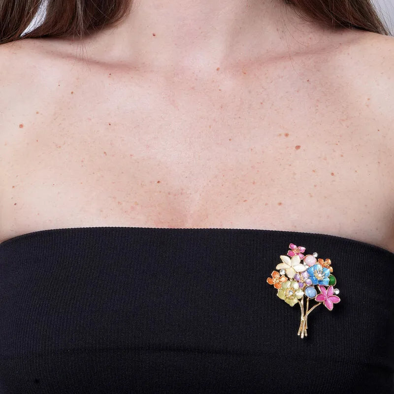 Spilla in Metallo magnetica bouquet di fiori smaltati colorati