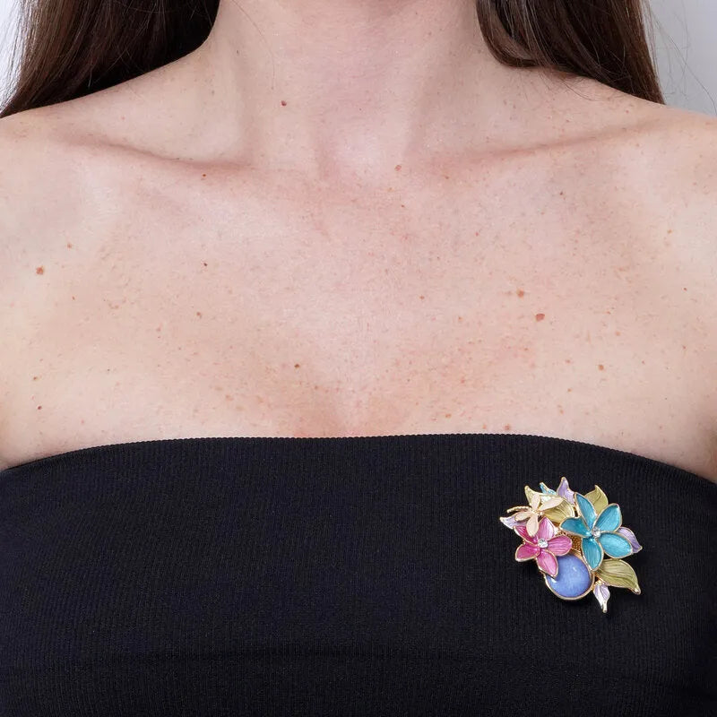 Spilla in Metallo magnetica fiori e libellula smaltati