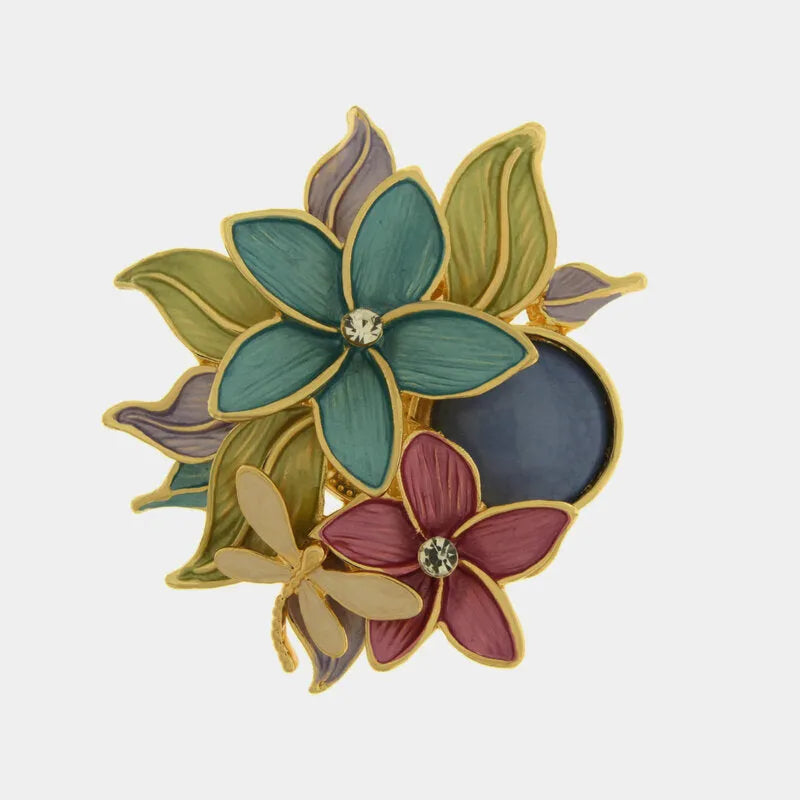 Spilla in Metallo magnetica fiori e libellula smaltati