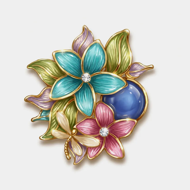 Spilla in Metallo magnetica fiori e libellula smaltati