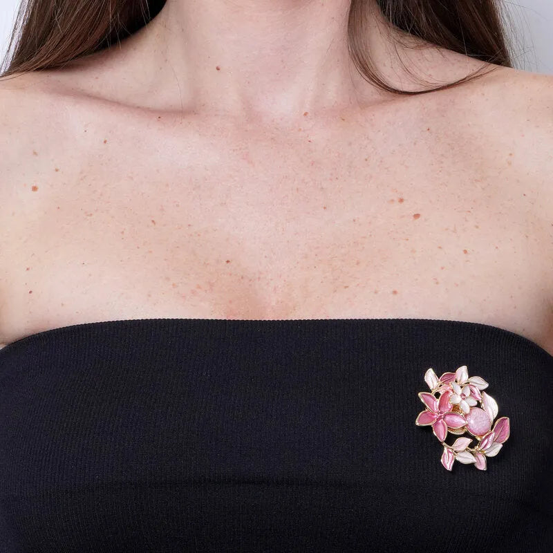 Spilla in Metallo magnetica fiori e foglie smaltate rosa