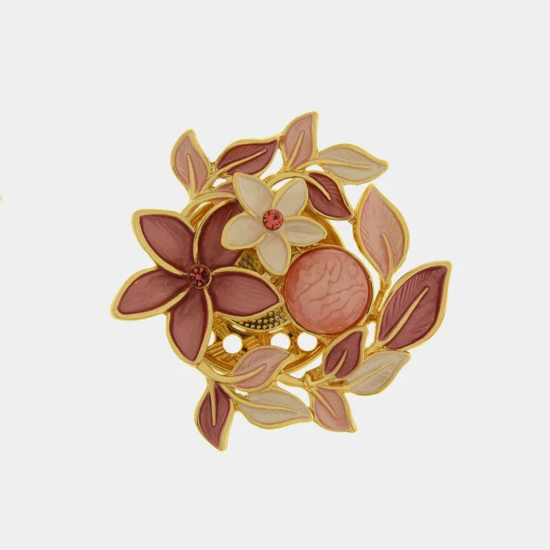 Spilla in Metallo magnetica fiori e foglie smaltate rosa