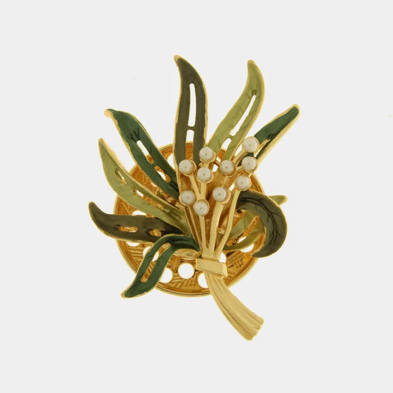 Spilla in Metallo magnetica foglie smaltate verdi e perle