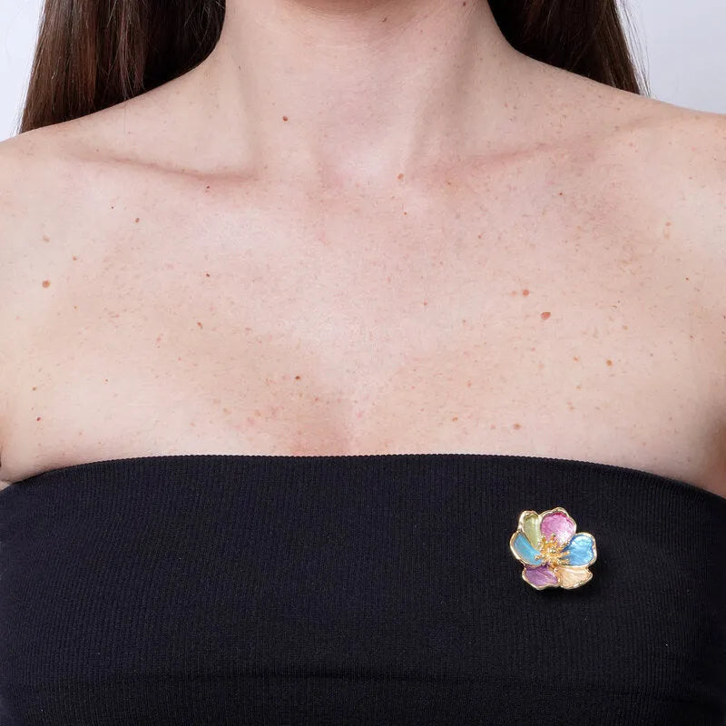 Spilla in Metallo magnetica  fiore dorato smaltato multicolore