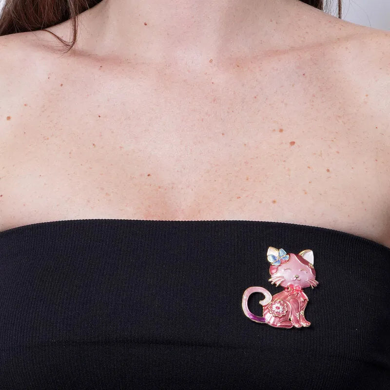 Spilla in Metallo magnetica  gatto smaltato rosa