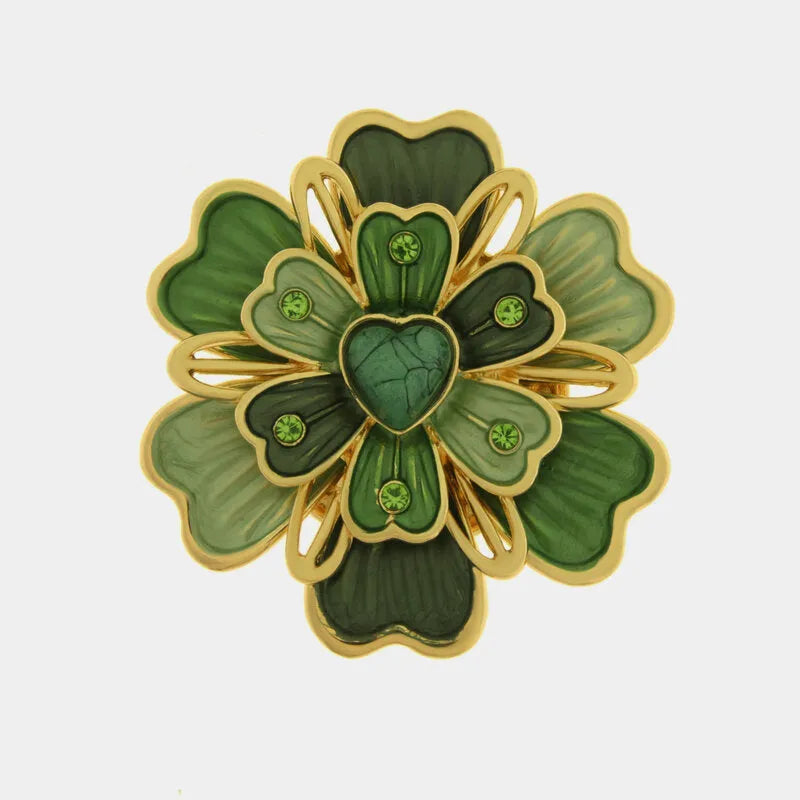 Spilla in Metallo magnetica motivo a fiore smaltato verde con pietra cuore centrale