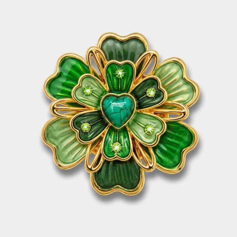 Spilla in Metallo magnetica motivo a fiore smaltato verde con pietra cuore centrale