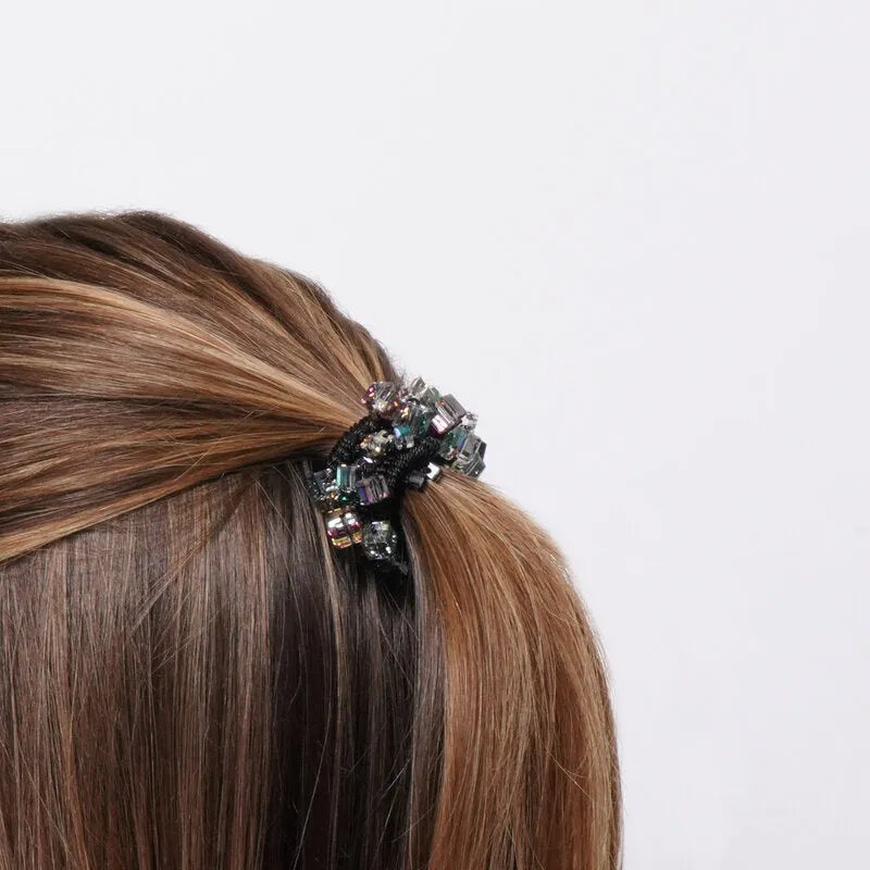 Hair clip with black rhinestones embellished with iridescent cubes
