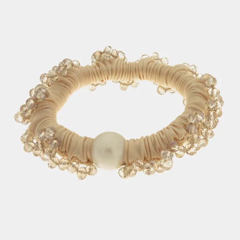 Hair clip with rhinestones, cream with synthetic pearl and beads