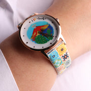 Orologio Analogico Met. con quadrante impreziosito da disegno etna e fico d'india, maglia a stampa maiolica colorata