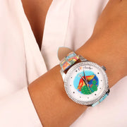 Orologio Analogico Met. cinturino con maioliche e Etna centrale