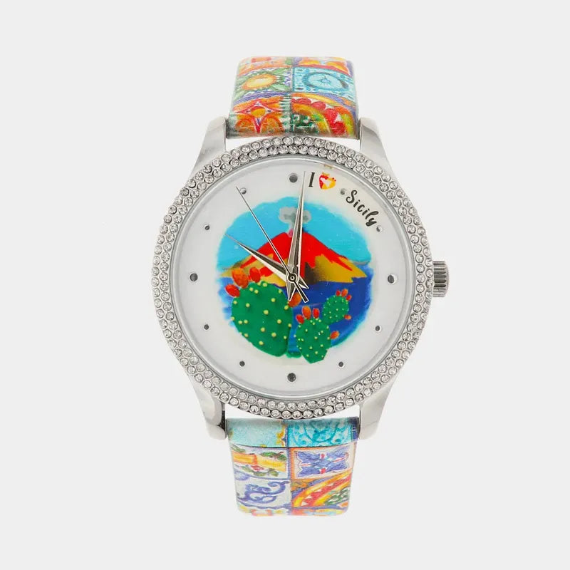 Orologio Analogico Met. cinturino con maioliche e Etna centrale