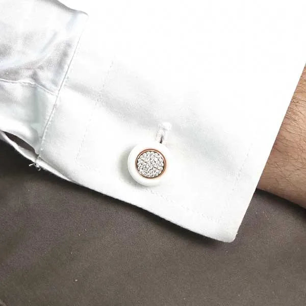 Gemelli in Argento 925 con cornice di ceramica bianca impreziosito da pavè di zirconi bianchi