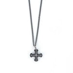 Collana in Acciaio con pendente raffigurante una croce greca impreziosita da cristalli neri.