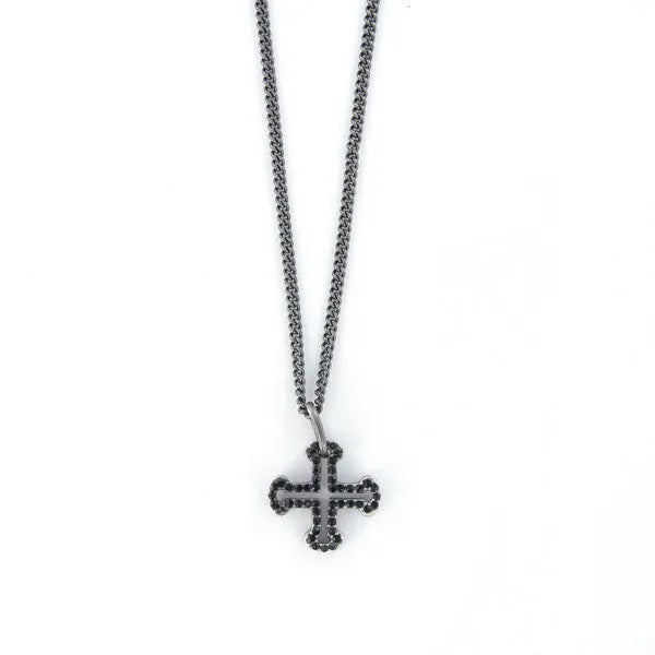 Collana in Acciaio con pendente raffigurante una croce greca impreziosita da cristalli neri.