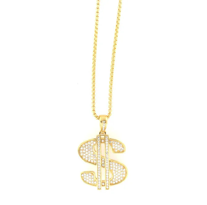 Collana in Acciaio con pendente simbolo del dollaro americano impreziosito da cristalli