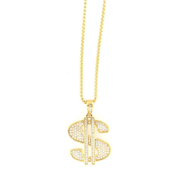 Collana in Acciaio con pendente simbolo del dollaro americano impreziosito da cristalli