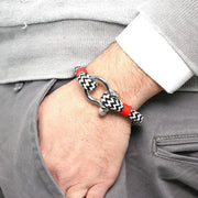 Bracciale in Acciaio di tessuto nero e bianco, con elementi rossi e vite estraibile