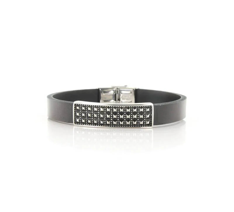 Bracciale in Acciaio rigido in caucciù nero con borchie