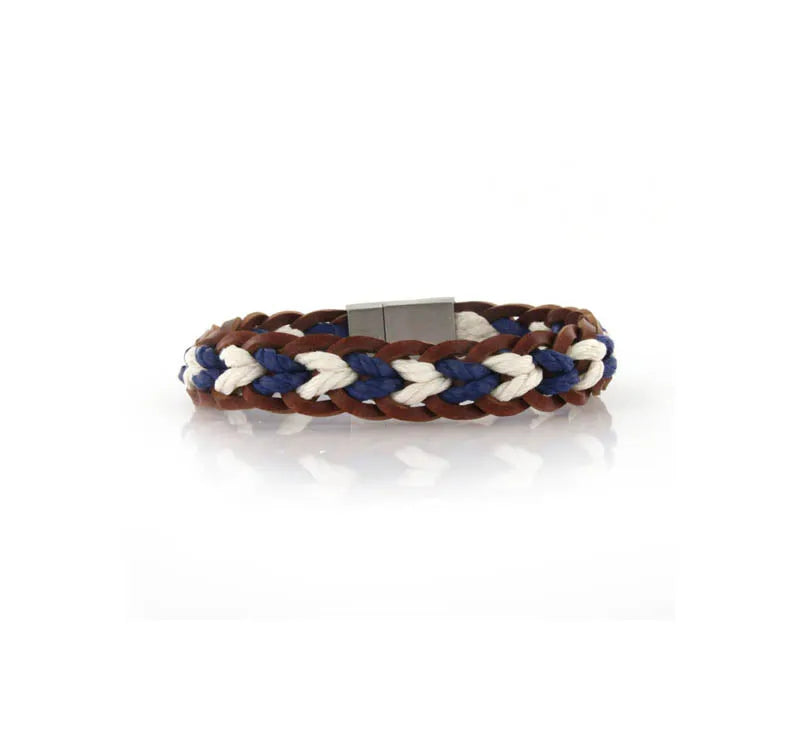 Bracciale in Acciaio rigido in pelle marrone, corda bianca e blu intrecciati tra loro con chiusura a scomparsa