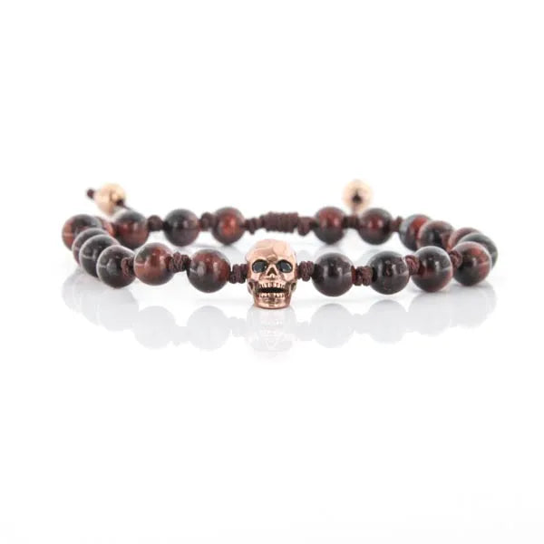 Bracciale in Acciaio con teschio centrale con zirconi neri e pietre marroni