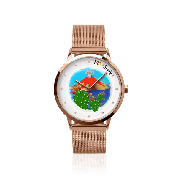Orologio Analogico Met. con quadrante impreziosito da disegno etna e fico d'india, maglia milanese