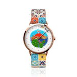 Orologio Analogico Met. con quadrante impreziosito da disegno etna e fico d'india, maglia a stampa maiolica colorata