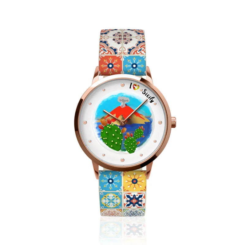 Orologio Analogico Met. con quadrante impreziosito da disegno etna e fico d'india, maglia a stampa maiolica colorata