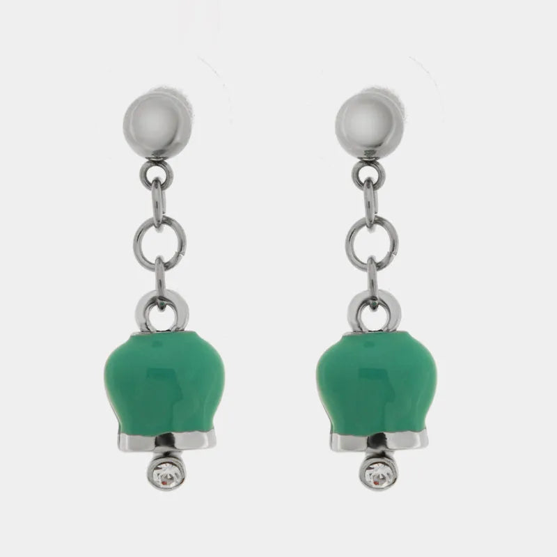 Orecchini in Acciaio con campanelle portafortuna pendenti verde acqua, impreziosite da punto luce - BYSIMON gioielli