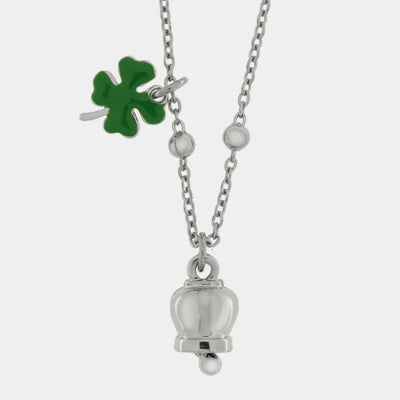 Collana in Acciaio con quadrifoglio pendente in smalto verde e campanella - BYSIMON gioielli