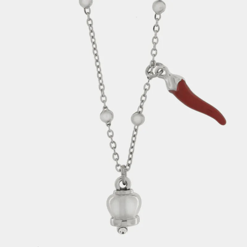 Collana in Acciaio con corno rosso pendente e campanella - BYSIMON gioielli