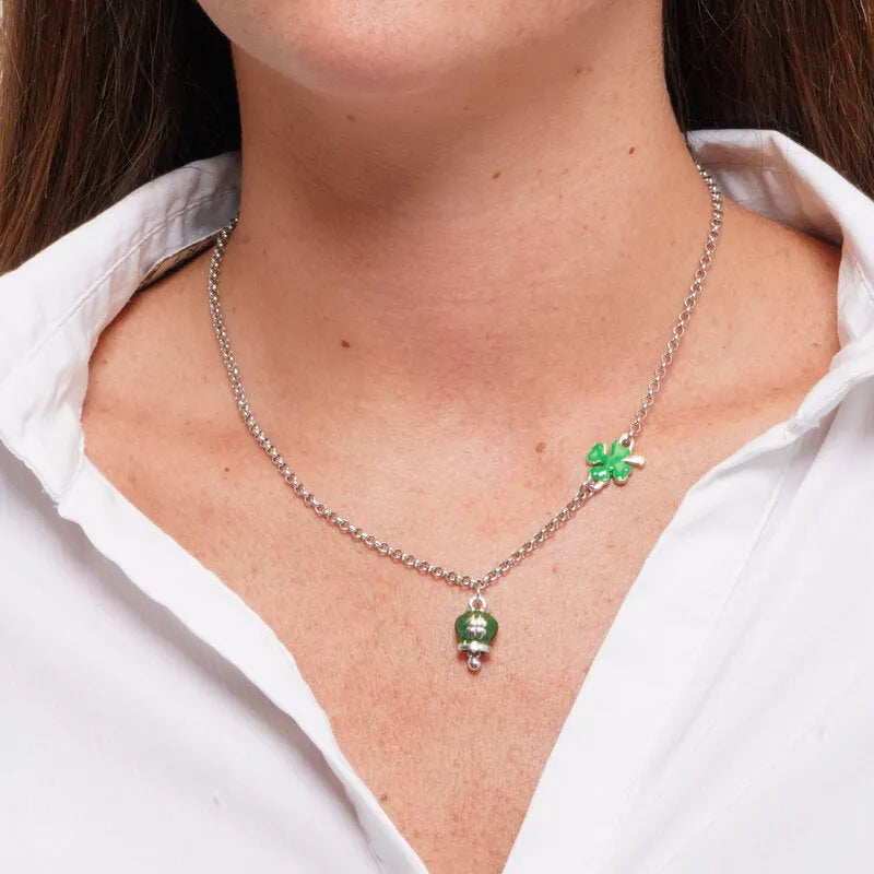 Collana in Acciaio con quadrifoglio e campanella portafortuna con quadrifoglio - BYSIMON gioielli