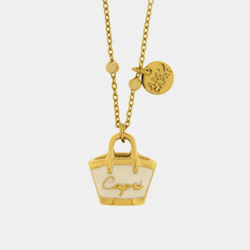 Collana in Acciaio con borsa bianca scritta Capri pendente