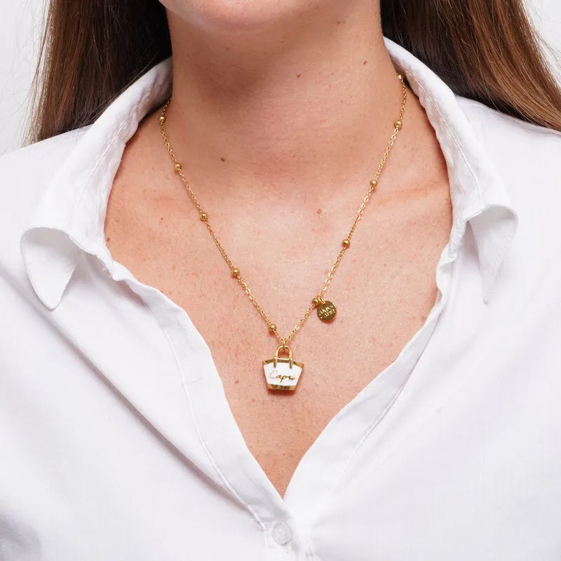 Collana in Acciaio con borsa bianca scritta Capri pendente