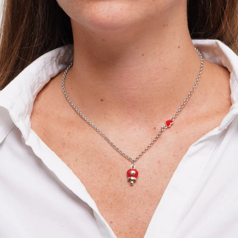 Collana in Acciaio con campanella portafortuna rossa con cuore - BYSIMON gioielli