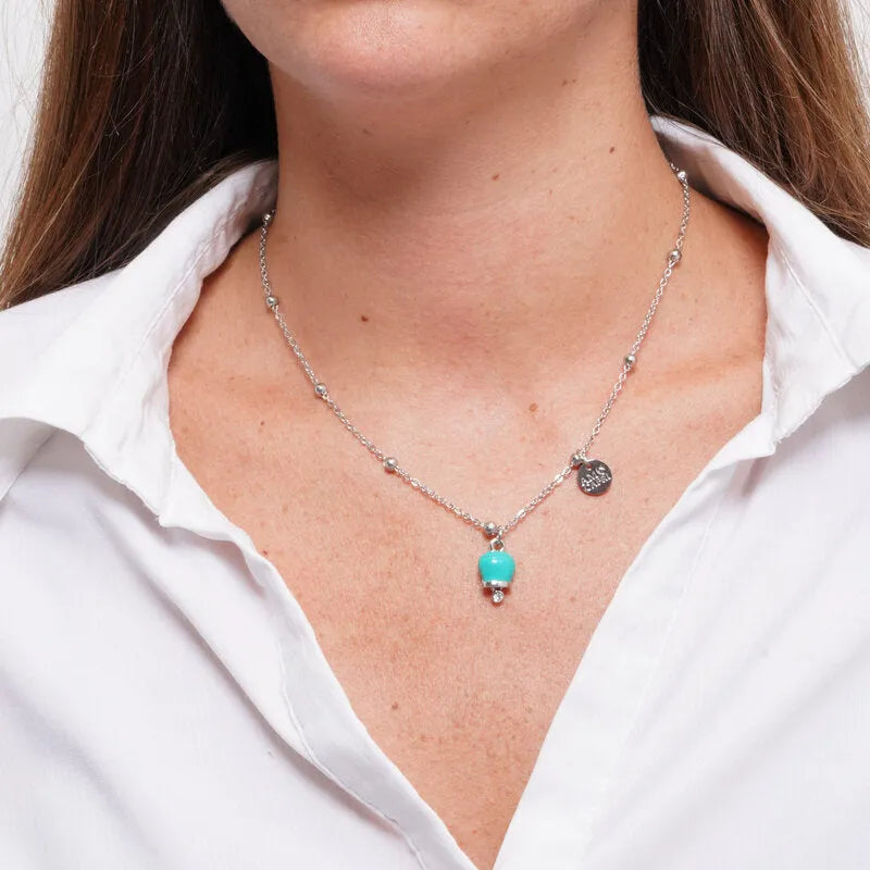 Collana in Acciaio con campanella verde acqua, impreziosita da punto luce - BYSIMON gioielli