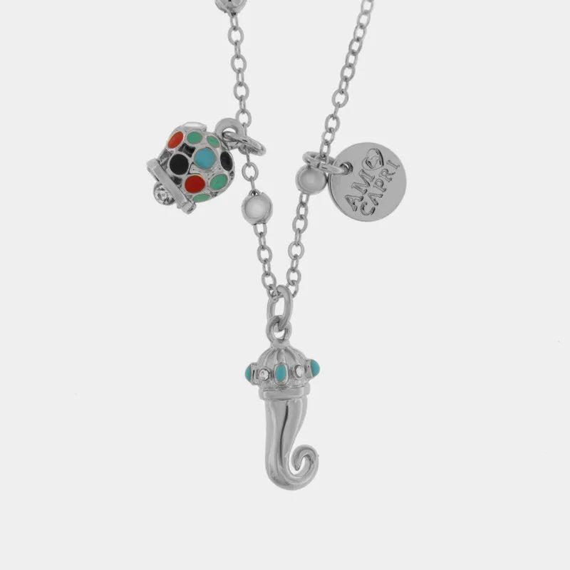 Collana in Acciaio con corno impreziosito da punte di smalto turchese e campanella in smalti multicolore - BYSIMON gioielli