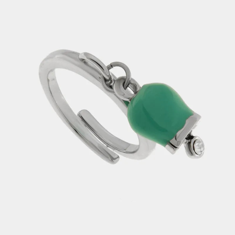Anello in Acciaio con campanella verde acqua impreziosita da punto luce - BYSIMON gioielli