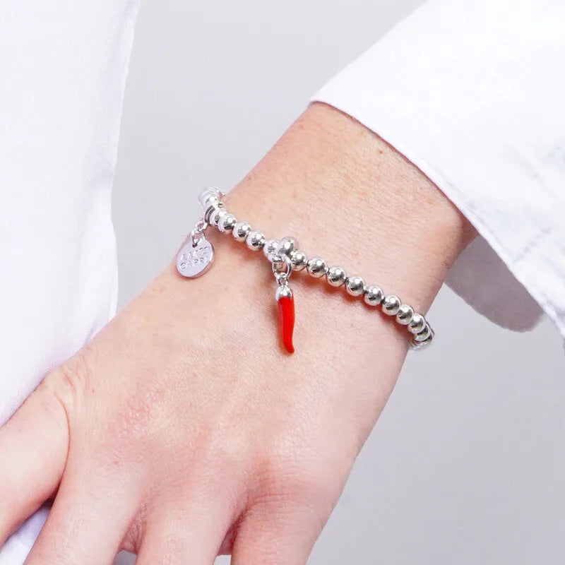 Bracciale in Acciaio con cornetto rosso portafortuna - BYSIMON gioielli