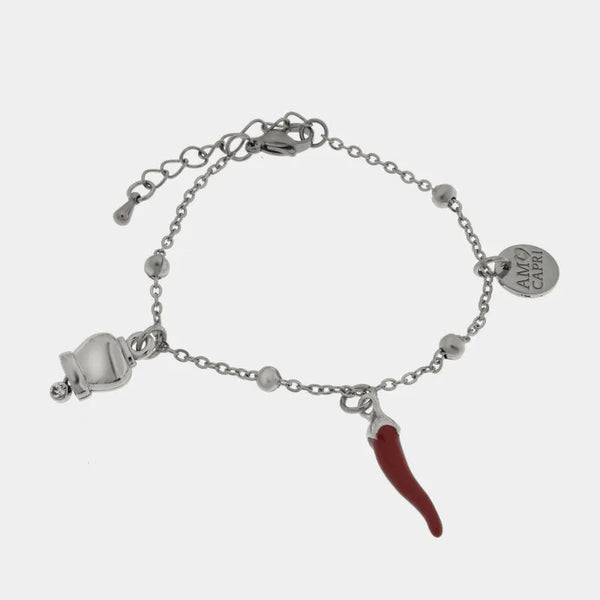 Bracciale in acciaio con cornetto rosso portafortuna e campanella | bracciale cornetto portafortuna | BYSIMON