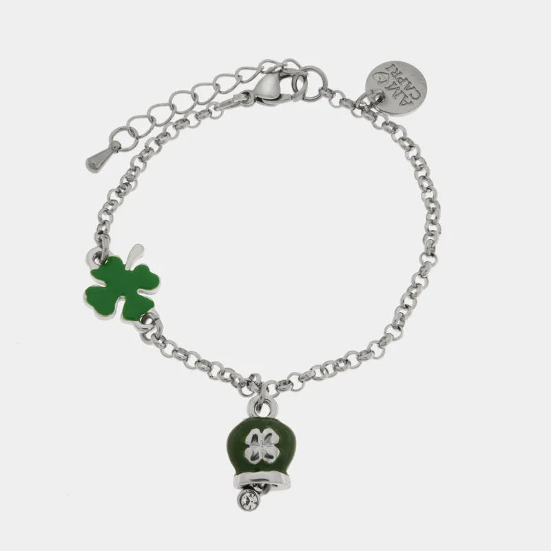 Bracciale in Acciaio con quadrifoglio e campanella verde con quadrifoglio - BYSIMON gioielli