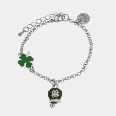 Bracciale in Acciaio con quadrifoglio e campanella verde | gioielli in acciaio | BYSIMON